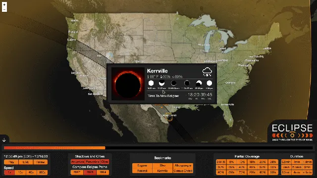 A popup appears on the US map. It shows a black box. On the left is the Sun. As the bubble moves across the map, a black circle covers the Sun.