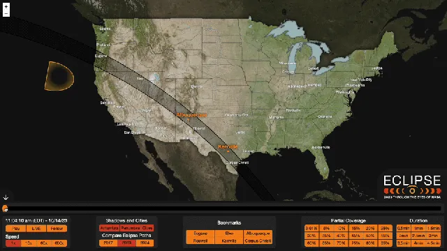 A black box appears over the U.S. map. On the left of the box is the Sun. As the user drags the time scroll across the screen, the bubble moves across the map, and the Moon moves in front of the Sun